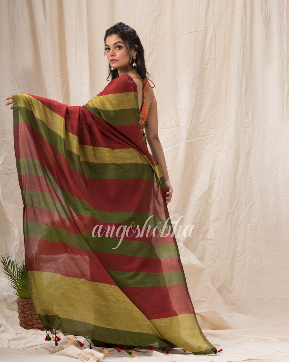 Maroon Lime Handloom Bengal Cotton Saree angoshobha