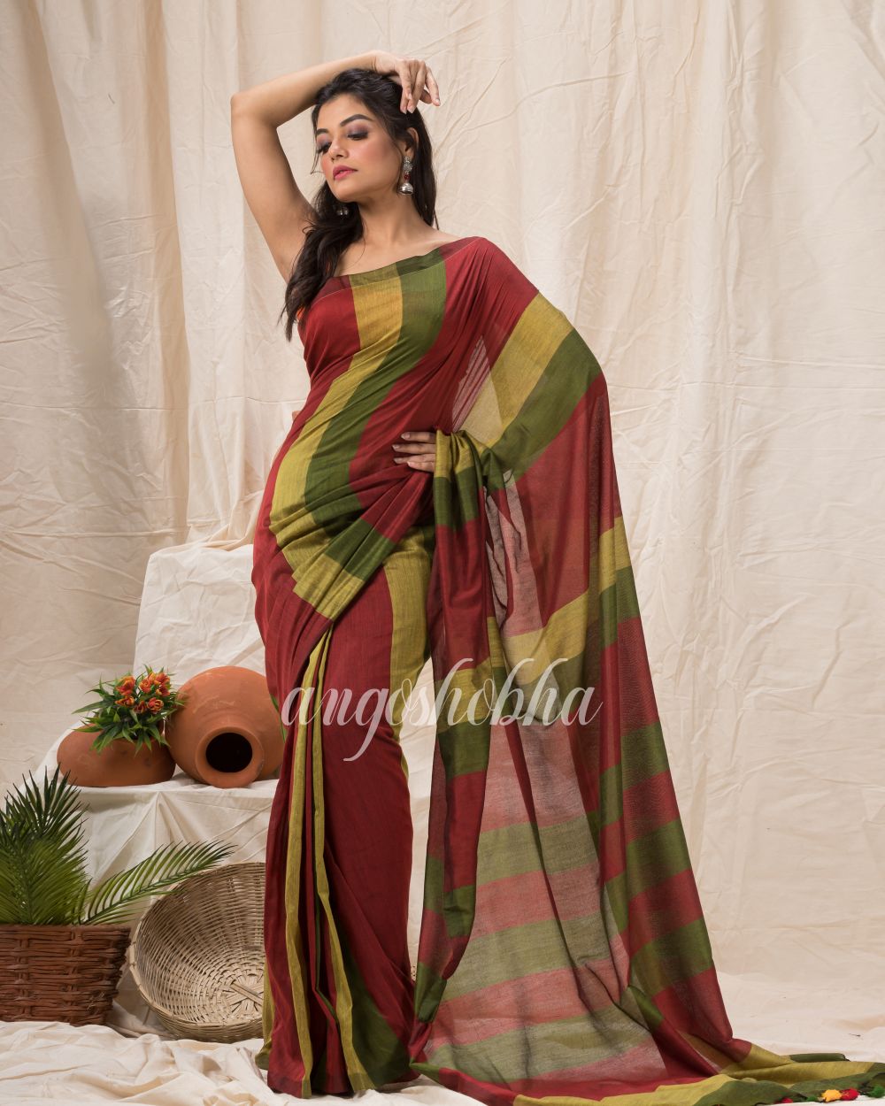 Maroon Lime Handloom Bengal Cotton Saree angoshobha