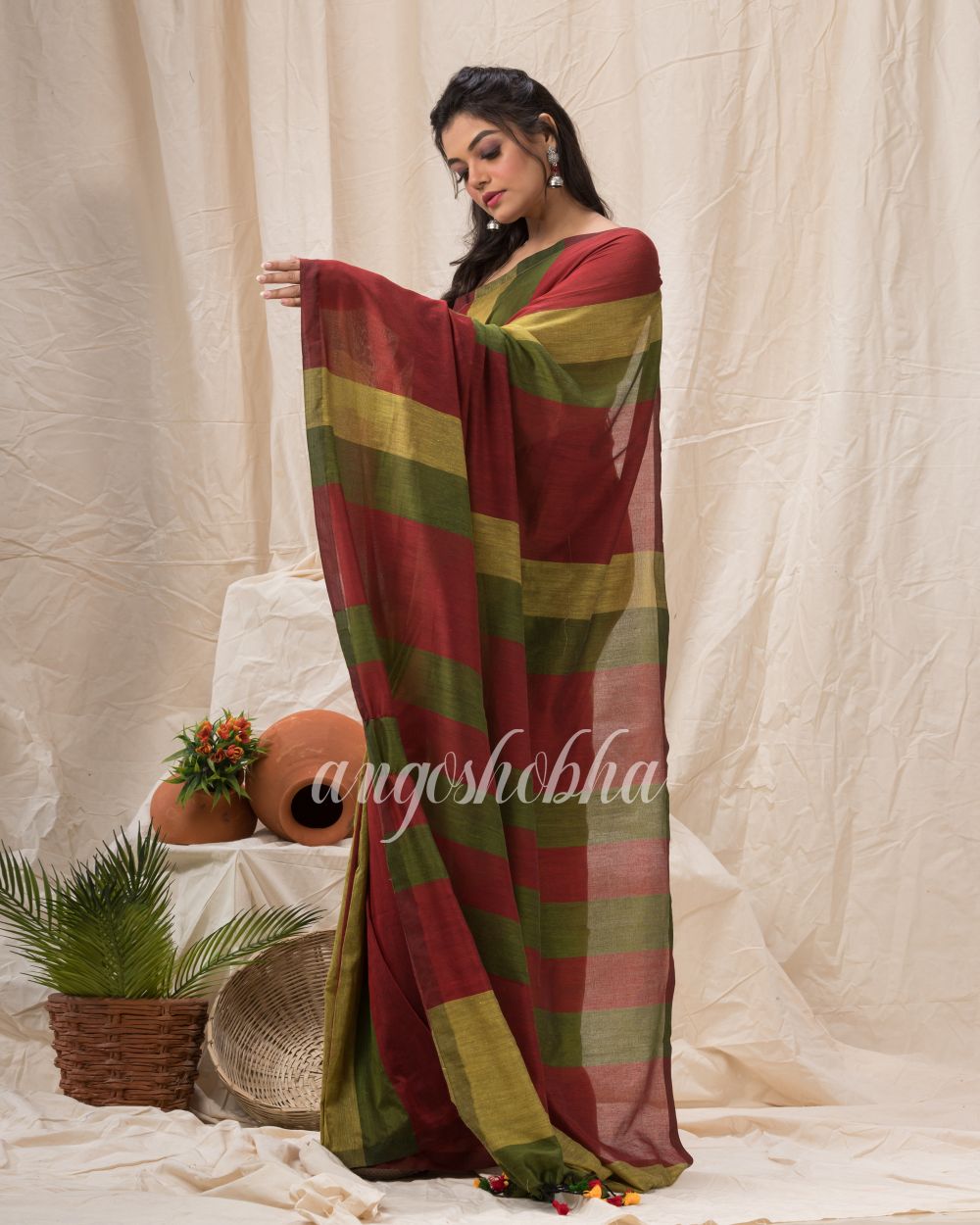 Maroon Lime Handloom Bengal Cotton Saree angoshobha
