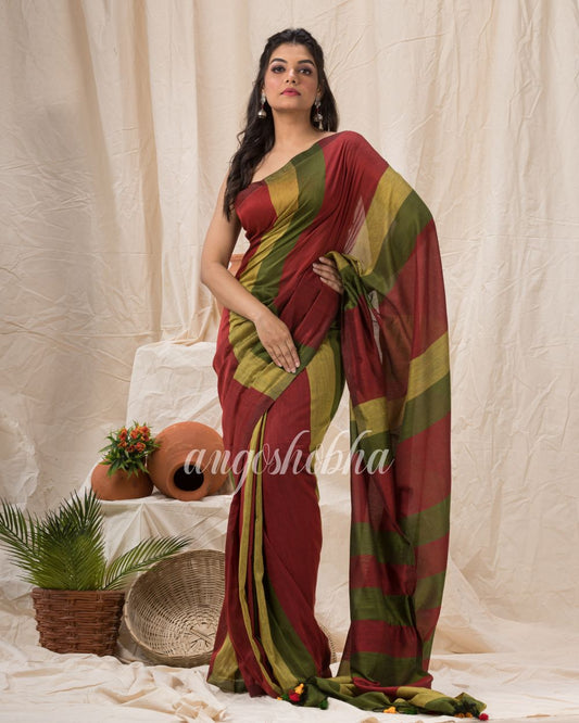 Maroon Lime Handloom Bengal Cotton Saree angoshobha