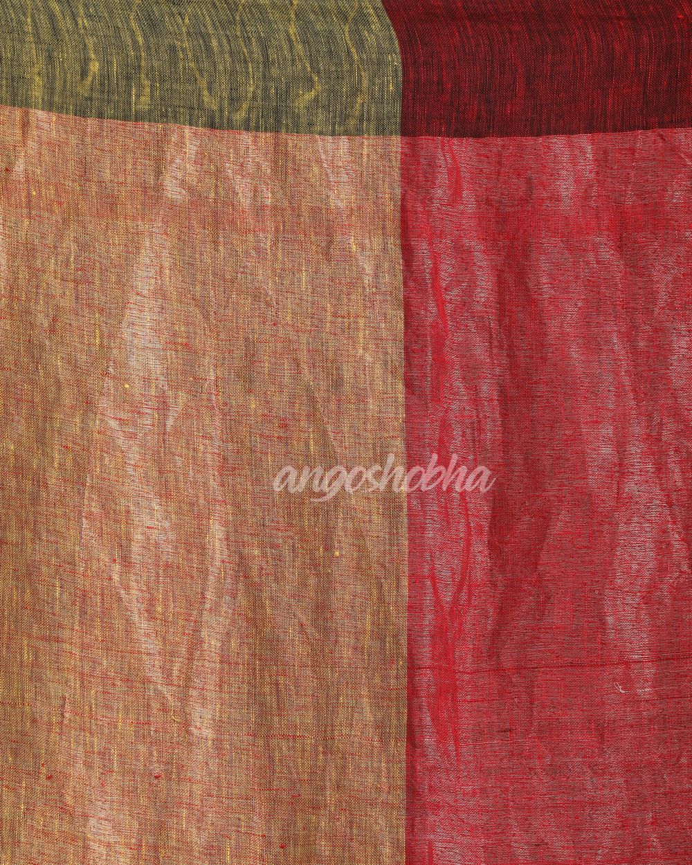 Maroon Lime Traditional Handloom Linen Saree angoshobha