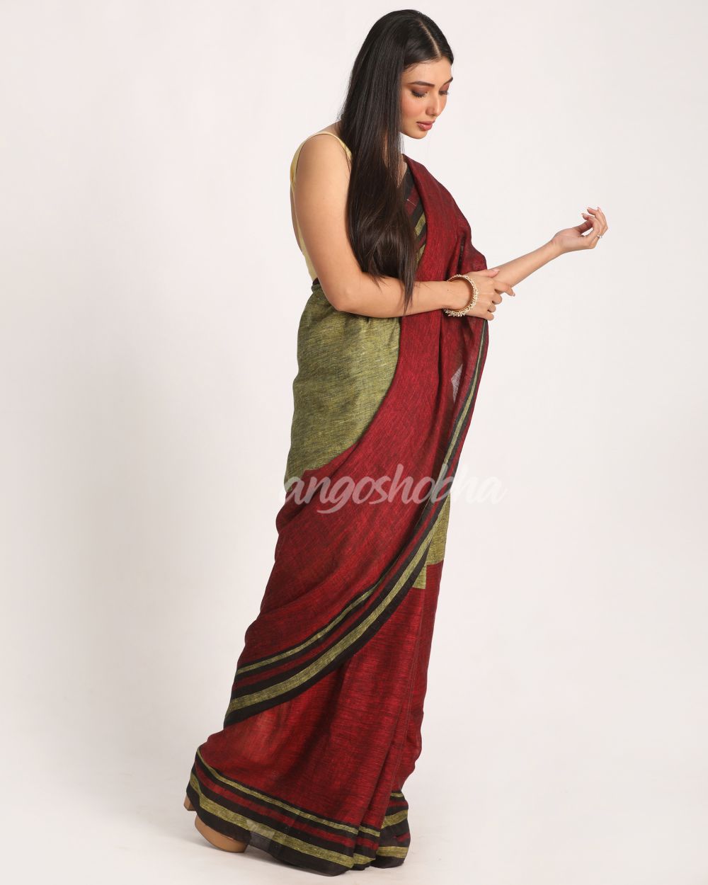 Maroon Lime Traditional Handloom Linen Saree angoshobha