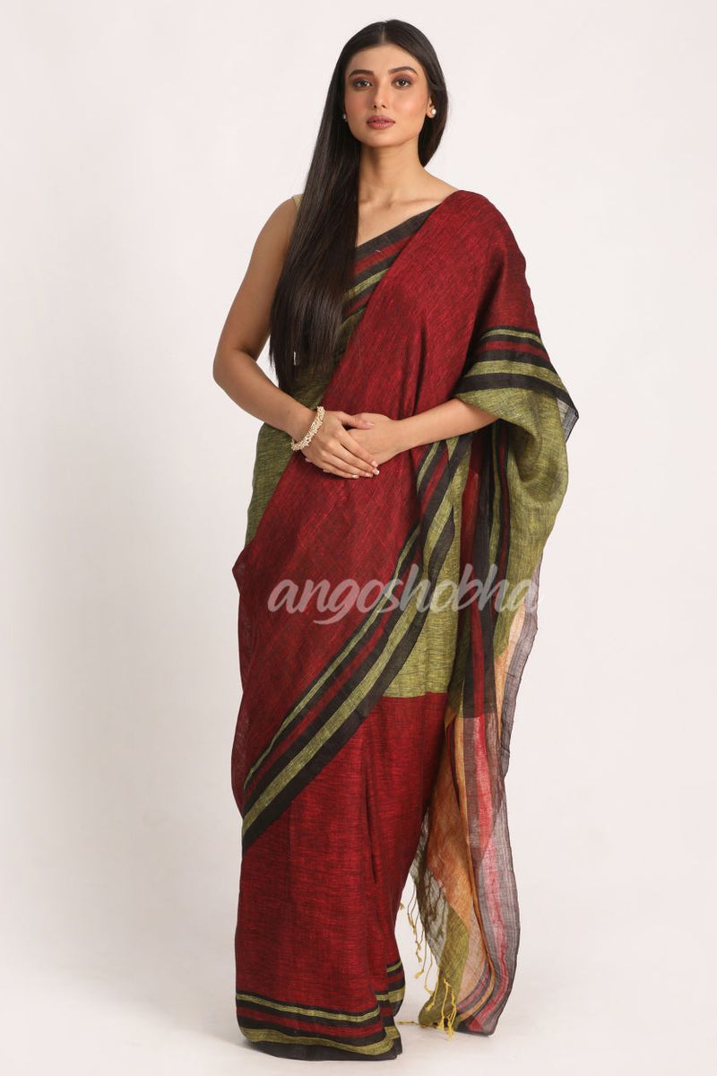 Maroon Lime Traditional Handloom Linen Saree