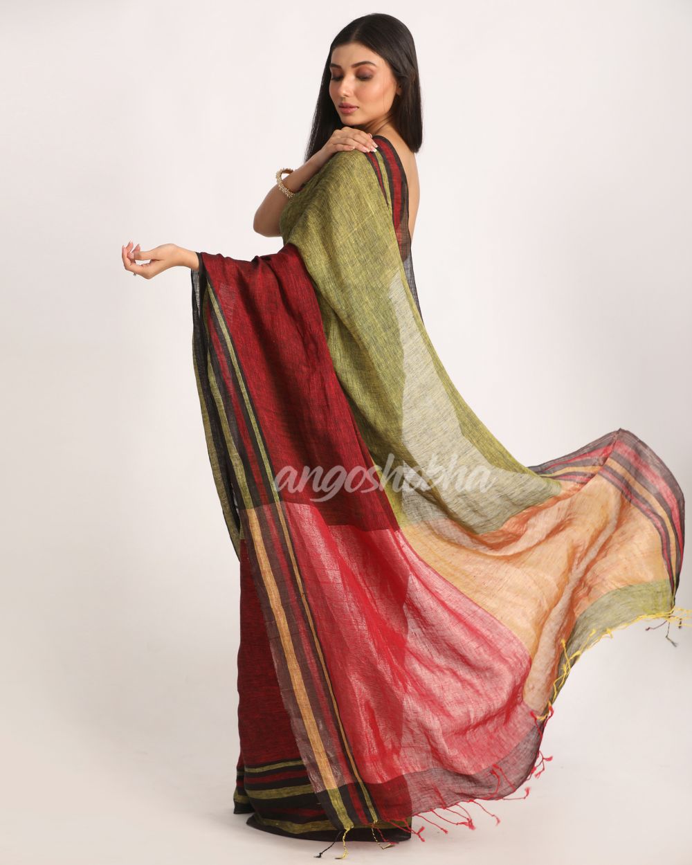 Maroon Lime Traditional Handloom Linen Saree angoshobha