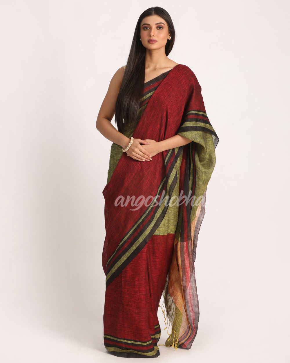 Maroon Lime Traditional Handloom Linen Saree angoshobha