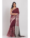 Maroon Linen Saree With Silver Zari Pallu And Border