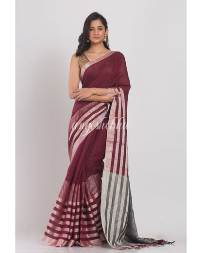 Maroon Linen Saree With Silver Zari Pallu And Border angoshobha