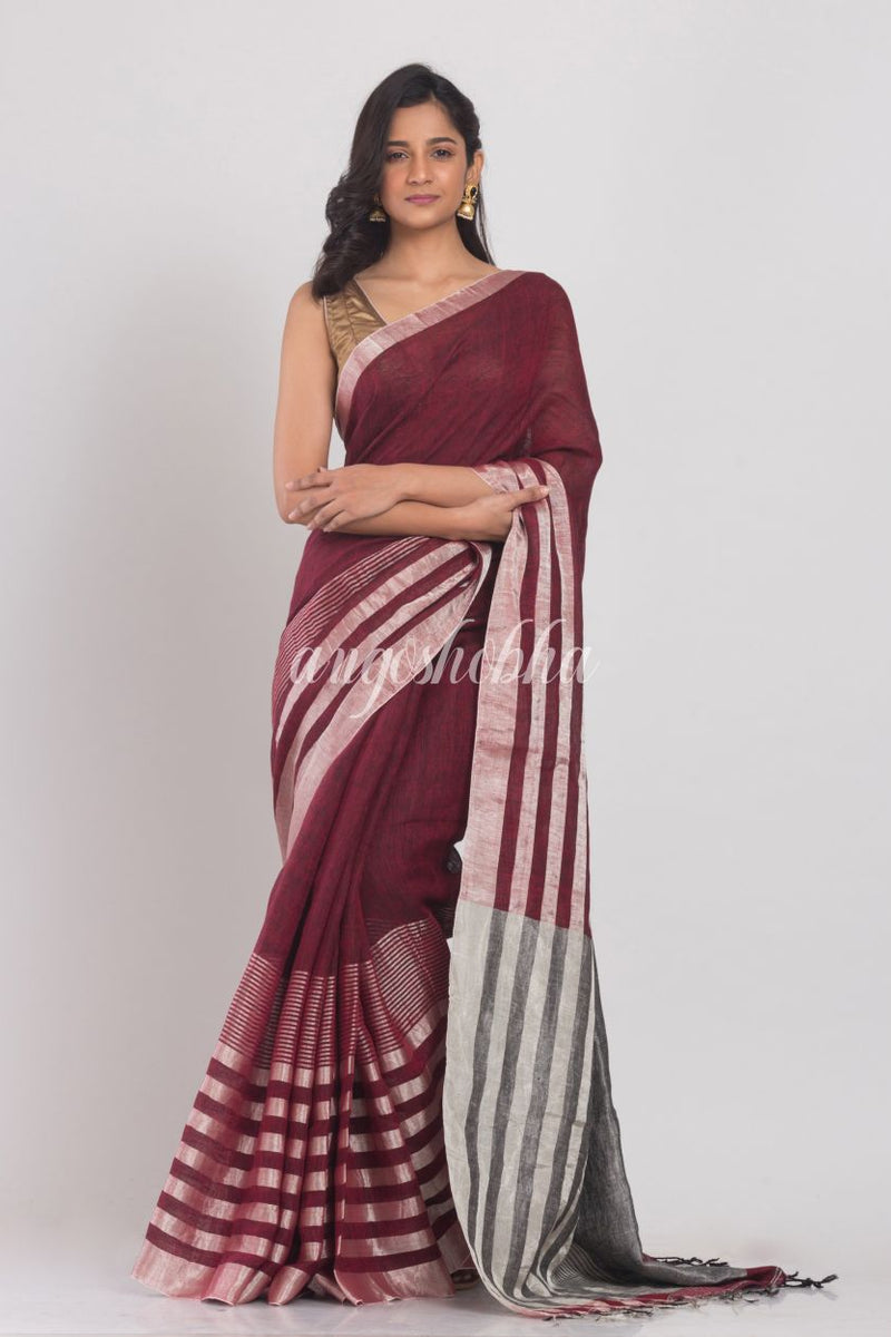 Maroon Linen Saree With Silver Zari Pallu And Border