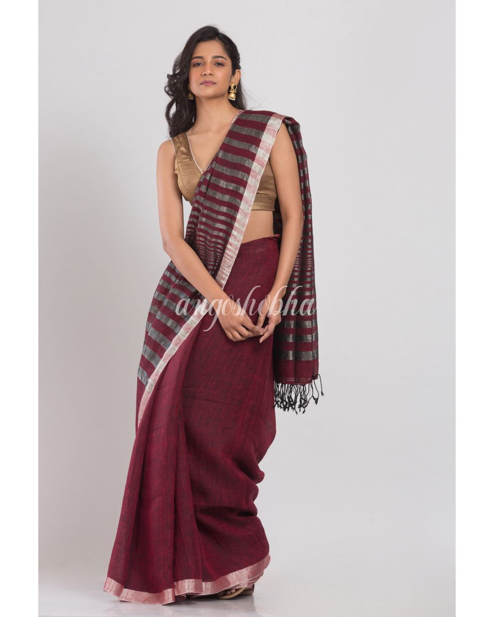 Maroon Linen Saree With Silver Zari Pallu And Border angoshobha
