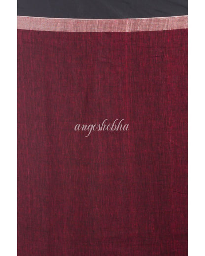 Maroon Linen Saree With Silver Zari Pallu And Border angoshobha