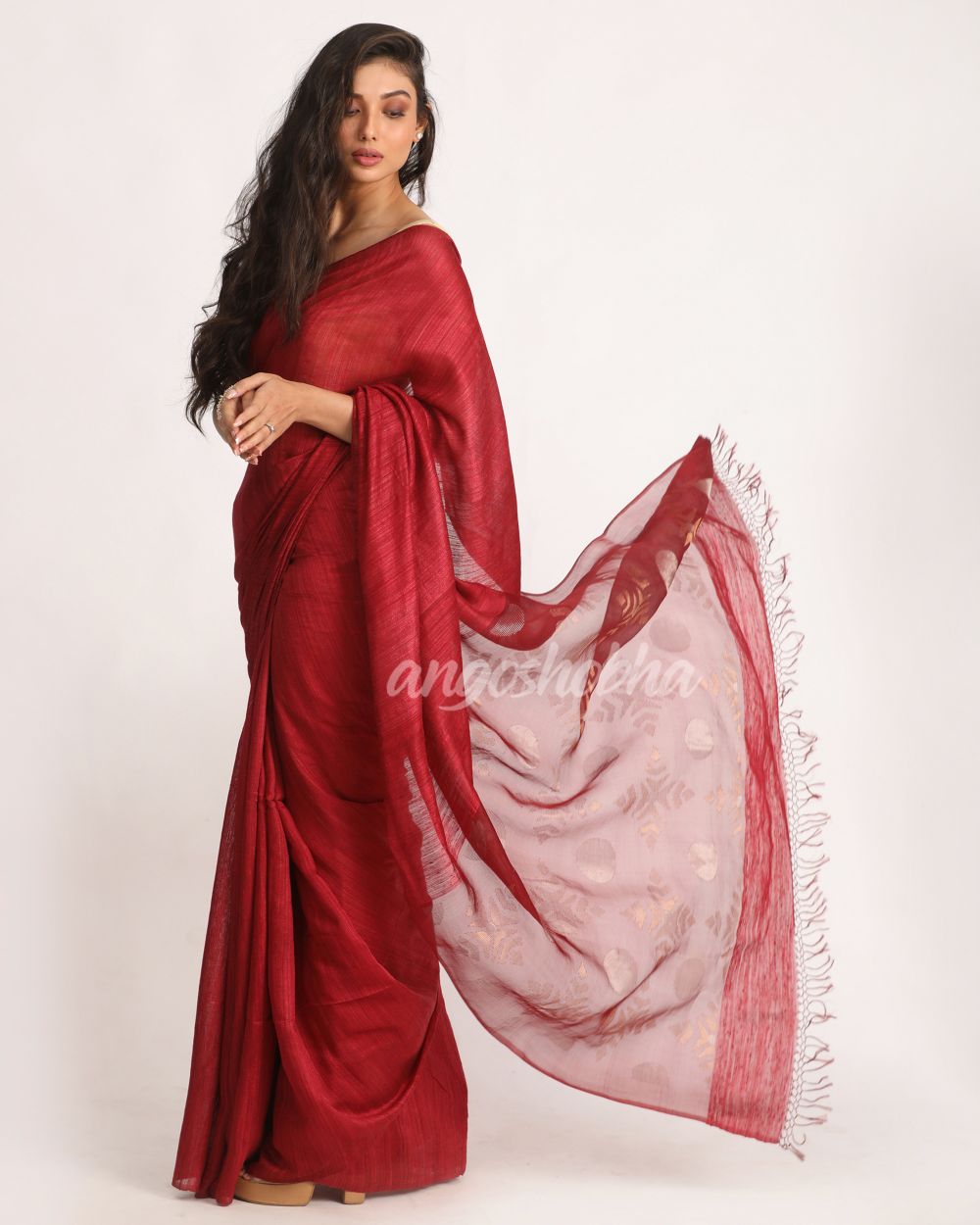 Maroon Matka Silk Handloom Traditional Jamdani Saree angoshobha