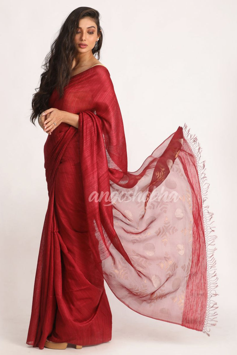 Maroon Matka Silk Handloom Traditional Jamdani Saree