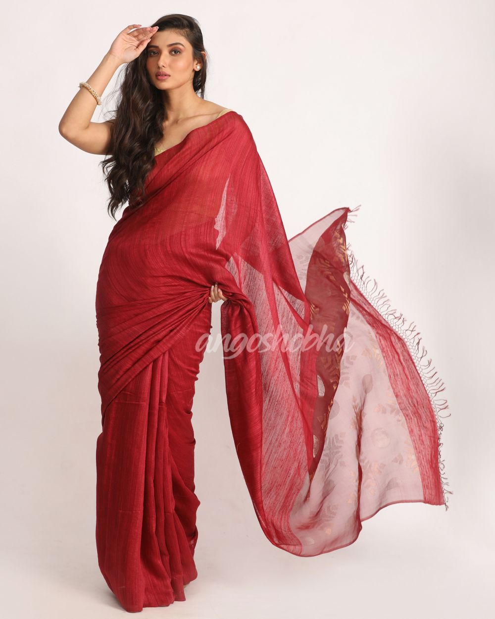 Maroon Matka Silk Handloom Traditional Jamdani Saree angoshobha