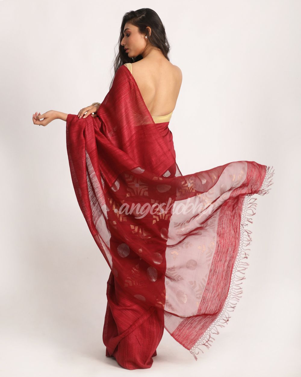 Maroon Matka Silk Handloom Traditional Jamdani Saree angoshobha