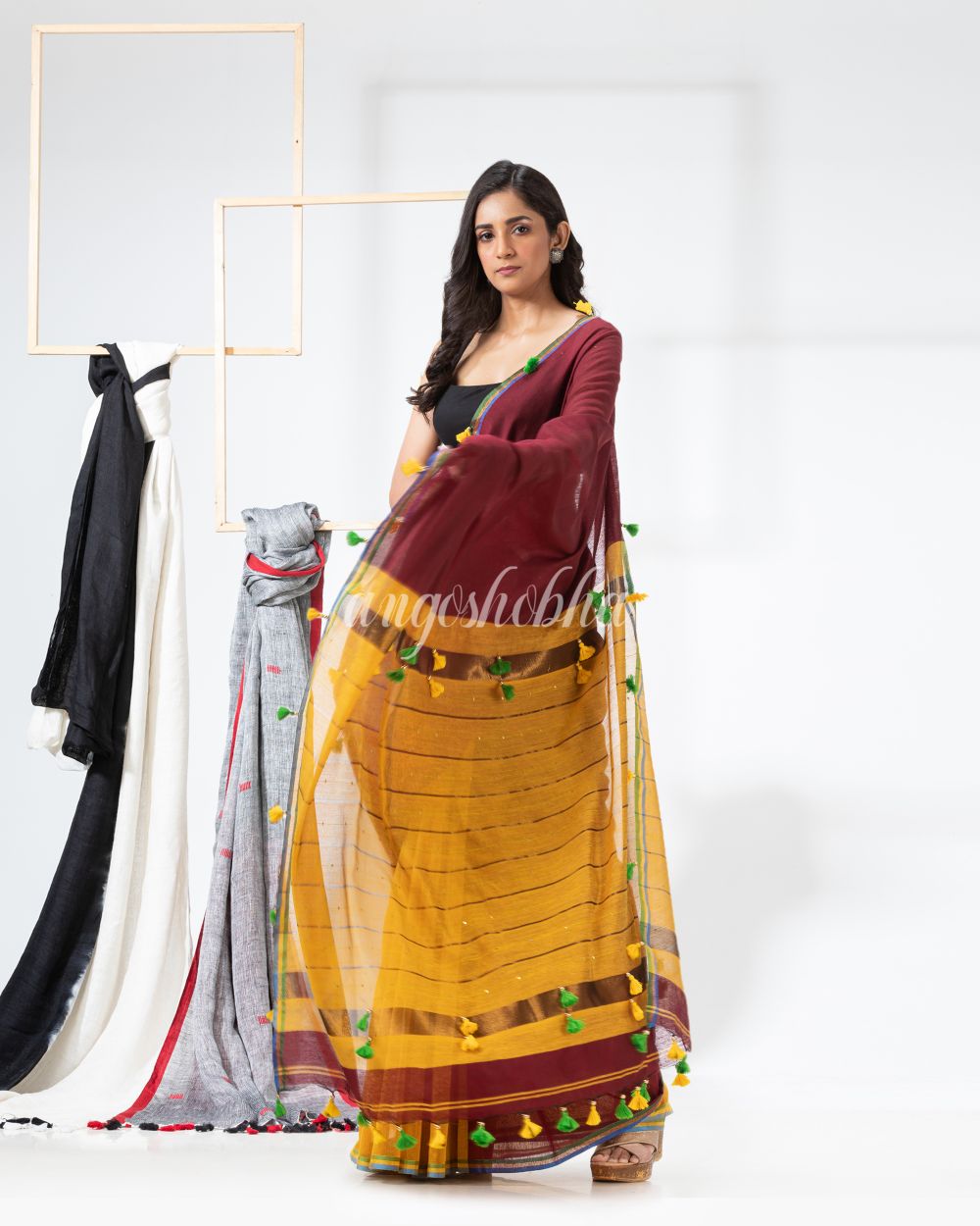 Maroon Mustard Cotton Blend Festive Handloom Saree angoshobha