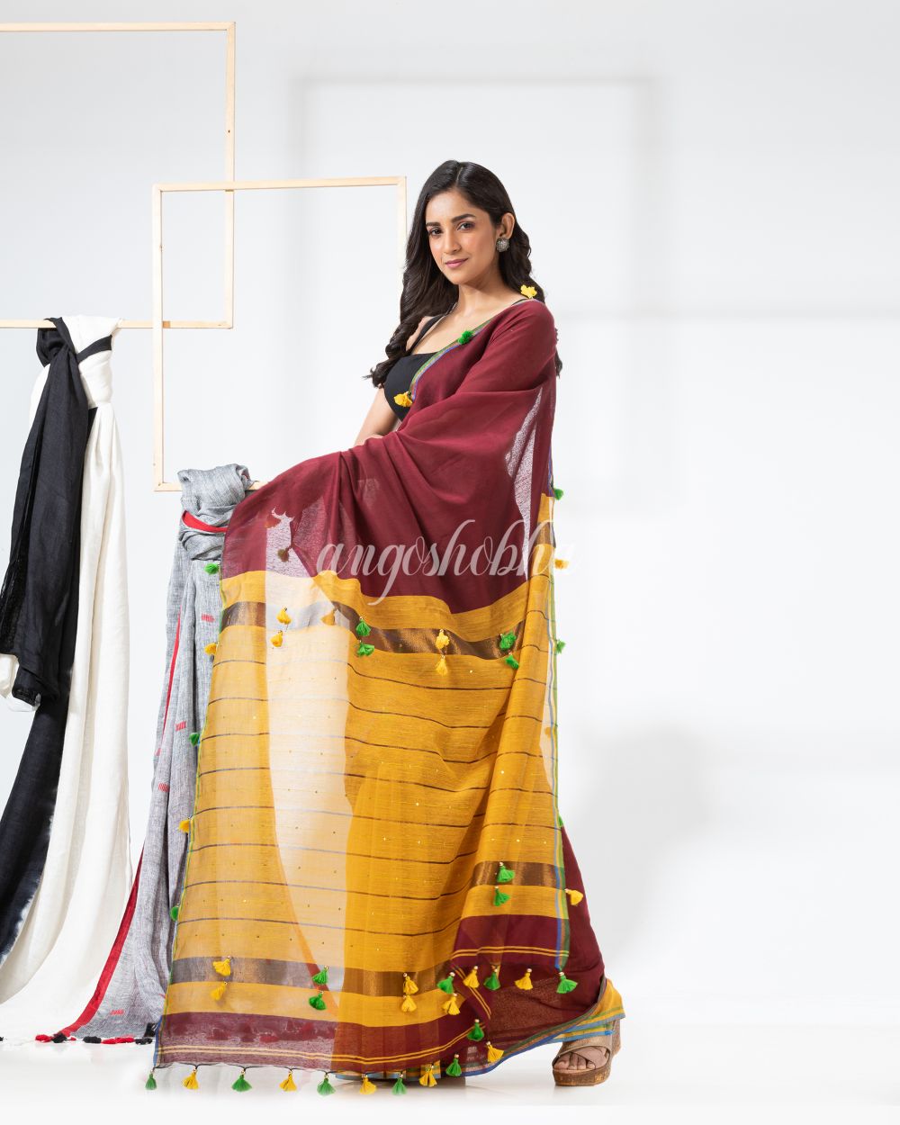 Maroon Mustard Cotton Blend Festive Handloom Saree angoshobha