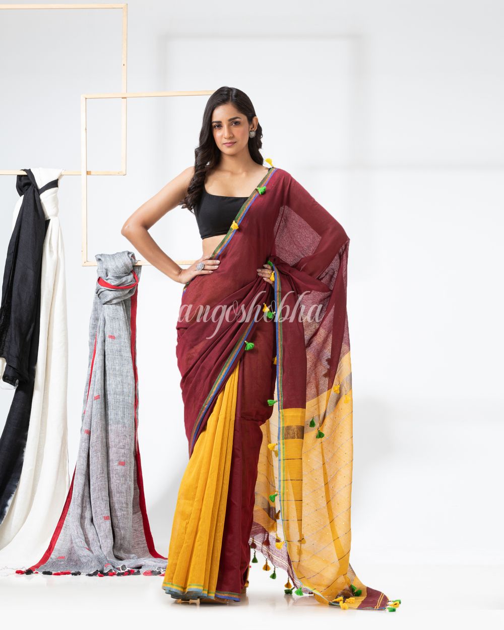 Maroon Mustard Cotton Blend Festive Handloom Saree angoshobha