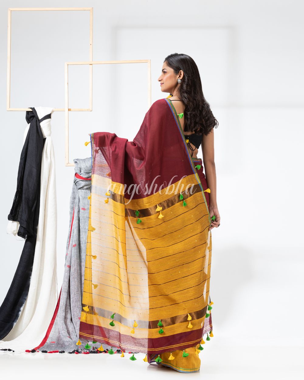 Maroon Mustard Cotton Blend Festive Handloom Saree angoshobha