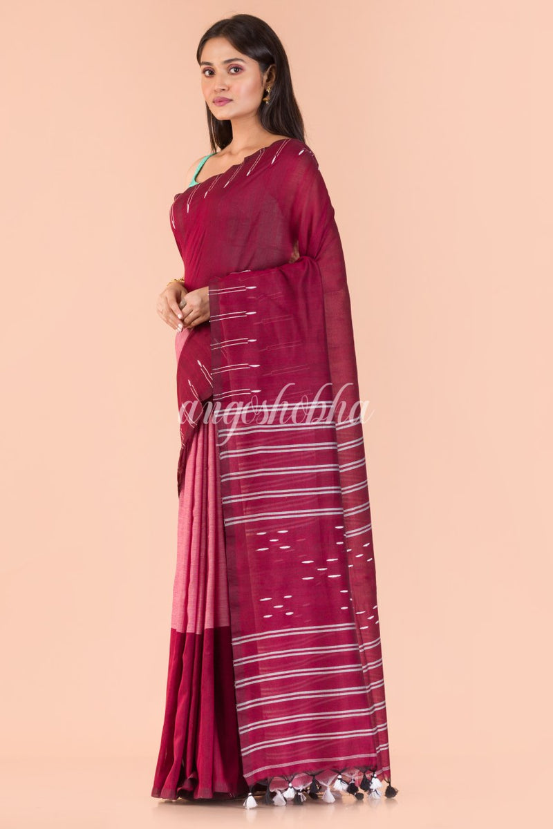 Maroon Peach Handwoven Cotton Saree