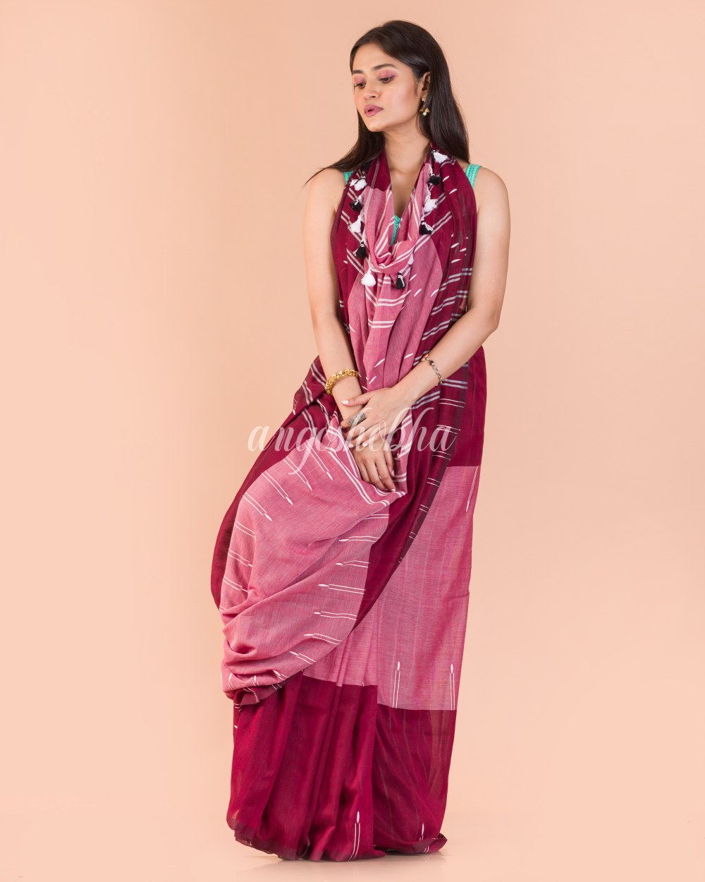 Maroon Peach Handwoven Cotton Saree angoshobha
