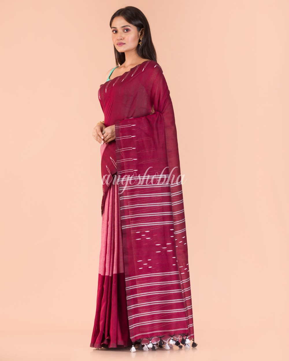 Maroon Peach Handwoven Cotton Saree angoshobha