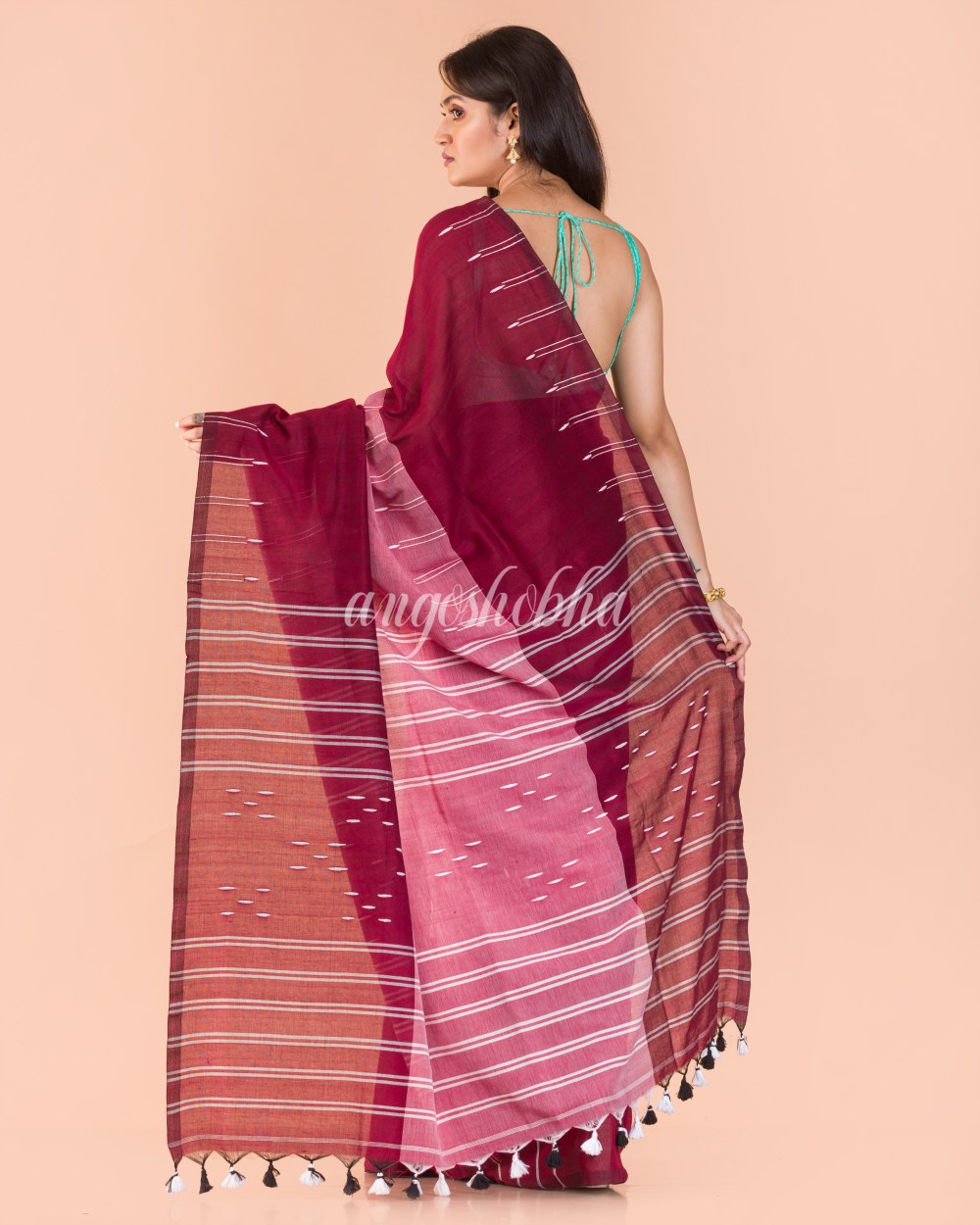 Maroon Peach Handwoven Cotton Saree angoshobha