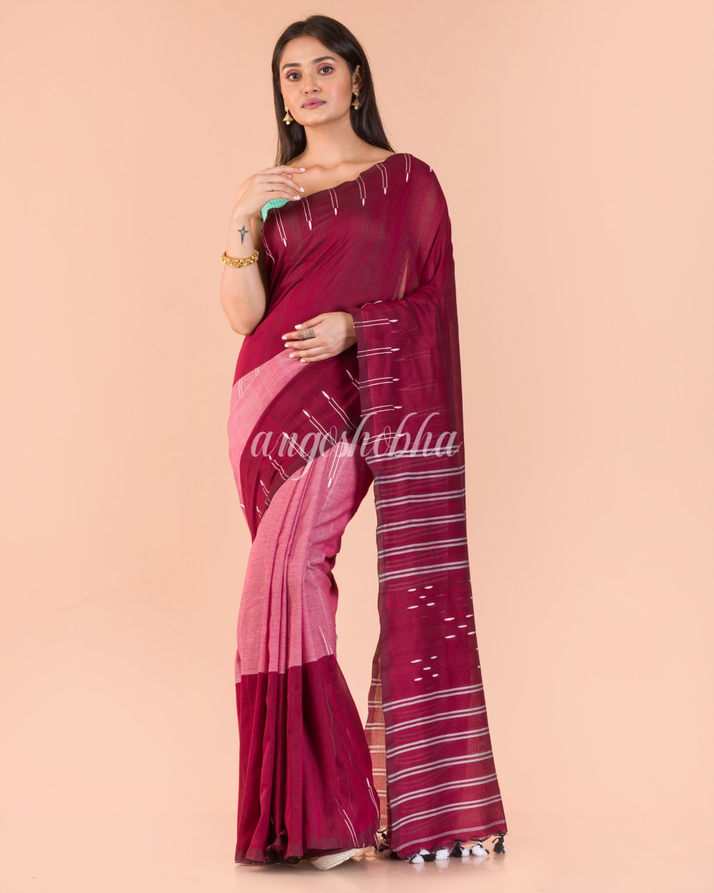 Maroon Peach Handwoven Cotton Saree angoshobha