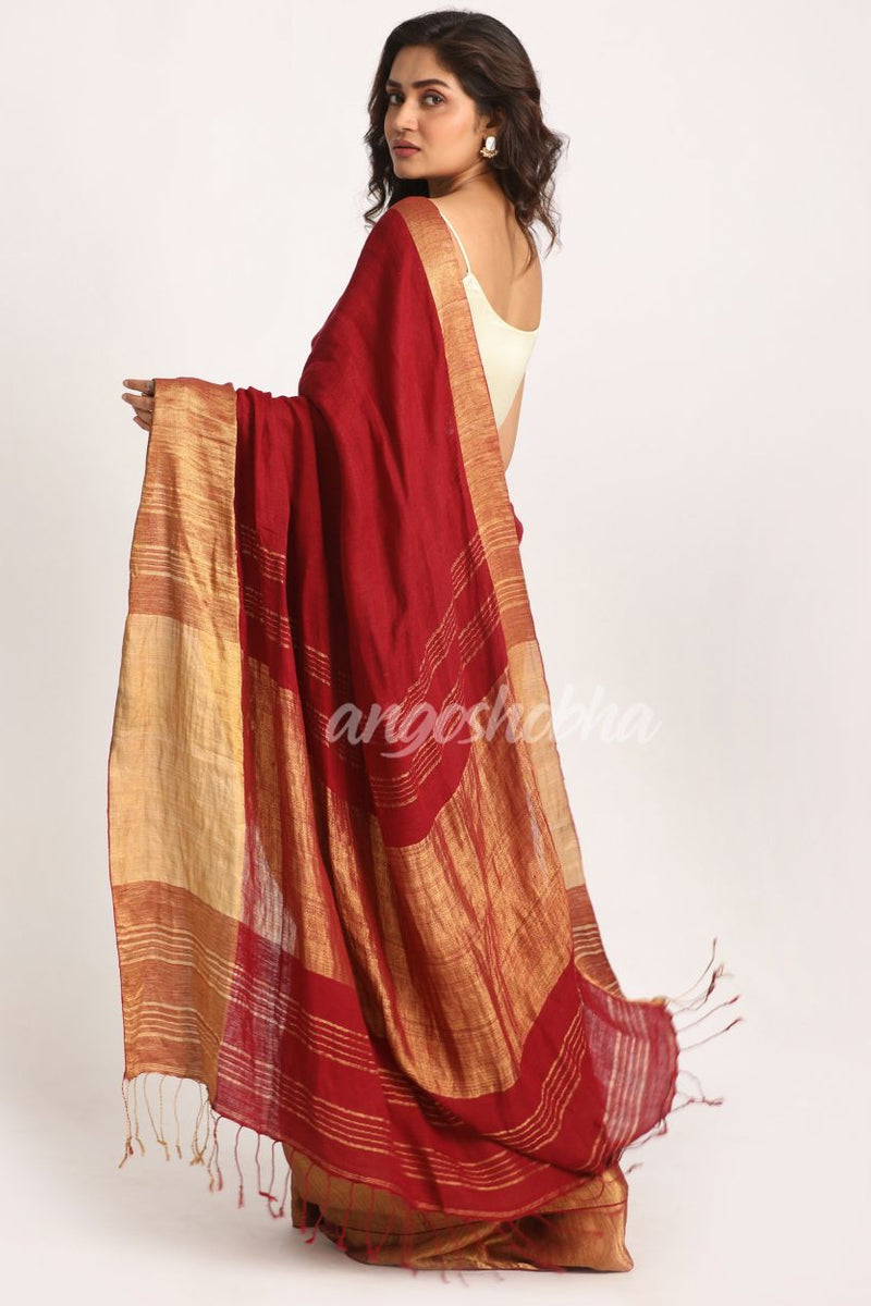 Maroon Traditional Handloom Linen Saree