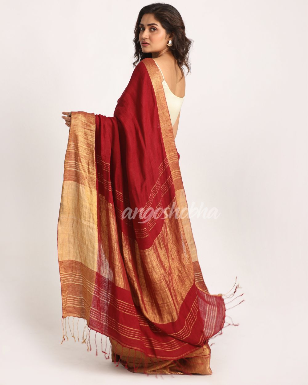 Maroon Traditional Handloom Linen Saree angoshobha