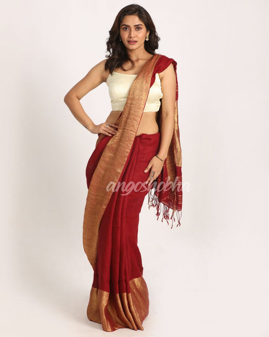 Maroon Traditional Handloom Linen Saree angoshobha