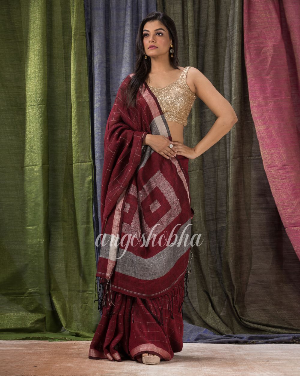 Maroon Traditional Linen Jamdani Saree angoshobha