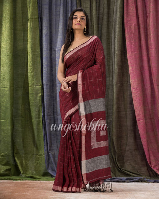 Maroon Traditional Linen Jamdani Saree angoshobha