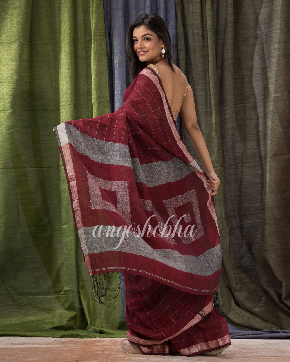 Maroon Traditional Linen Jamdani Saree angoshobha