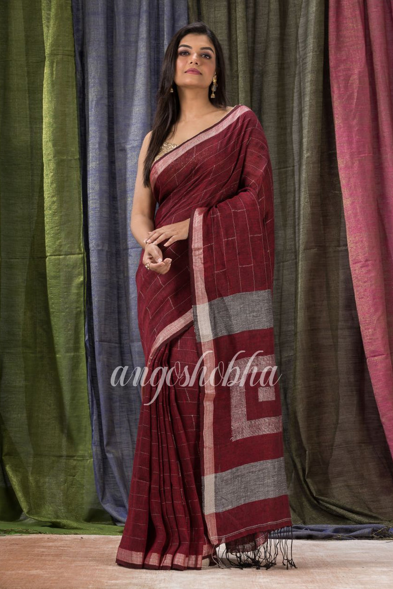 Maroon Traditional Linen Jamdani Saree