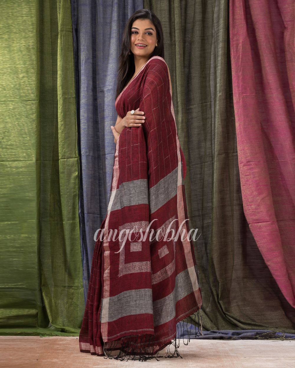 Maroon Traditional Linen Jamdani Saree angoshobha