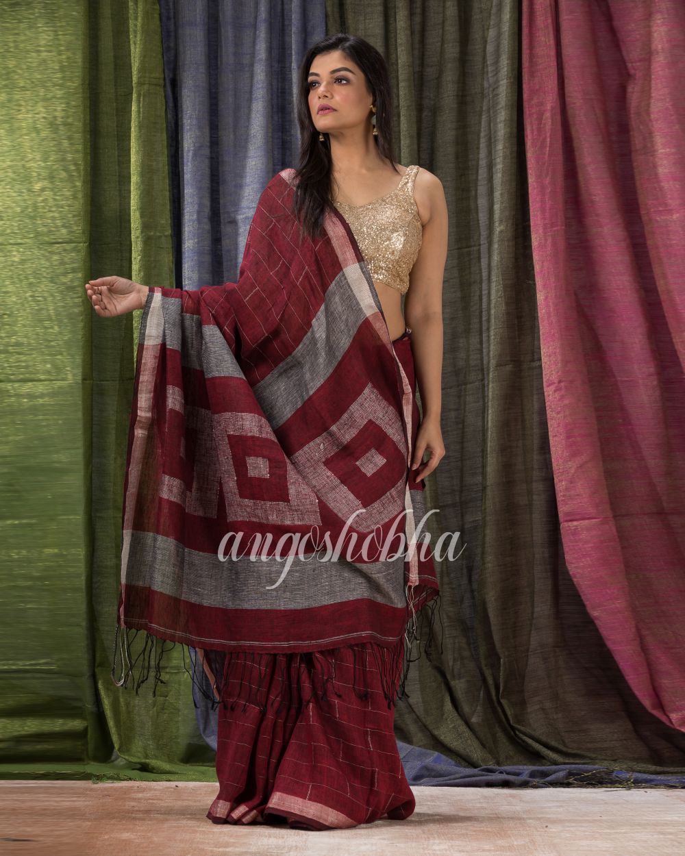 Maroon Traditional Linen Jamdani Saree angoshobha