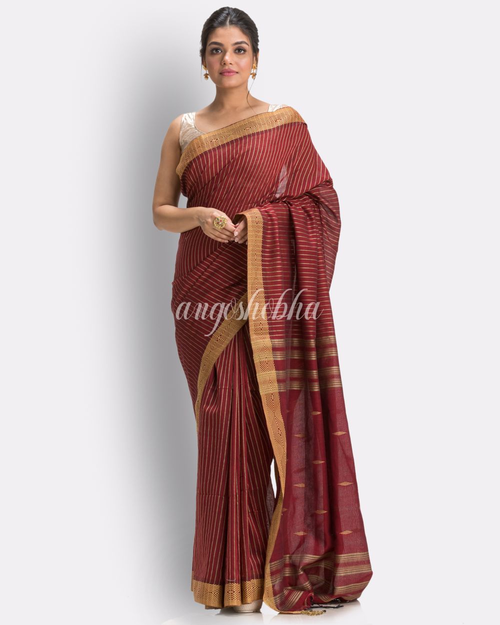 Marron Handloom Traditional Cotton Tangail Saree angoshobha