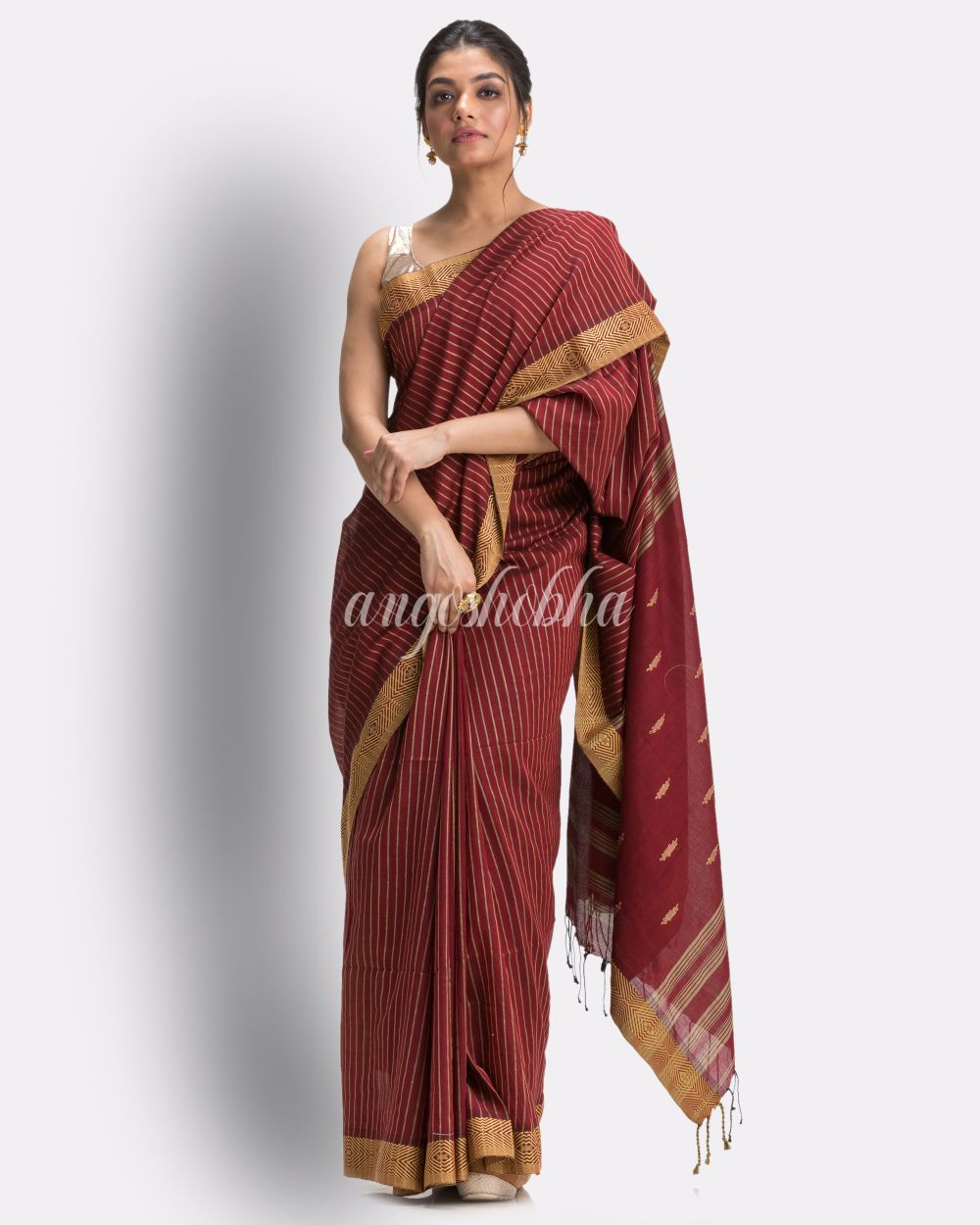 Marron Handloom Traditional Cotton Tangail Saree angoshobha