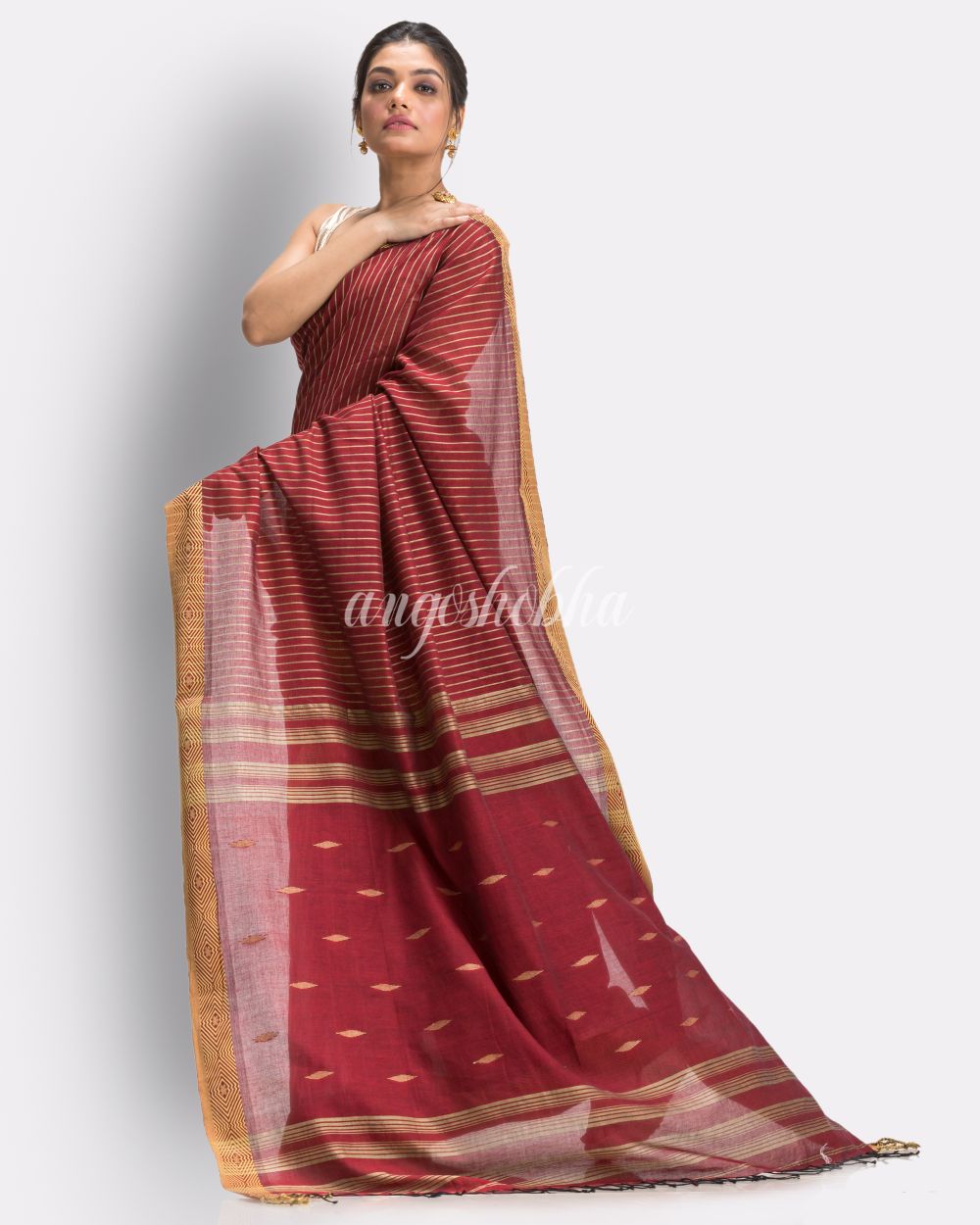 Marron Handloom Traditional Cotton Tangail Saree angoshobha