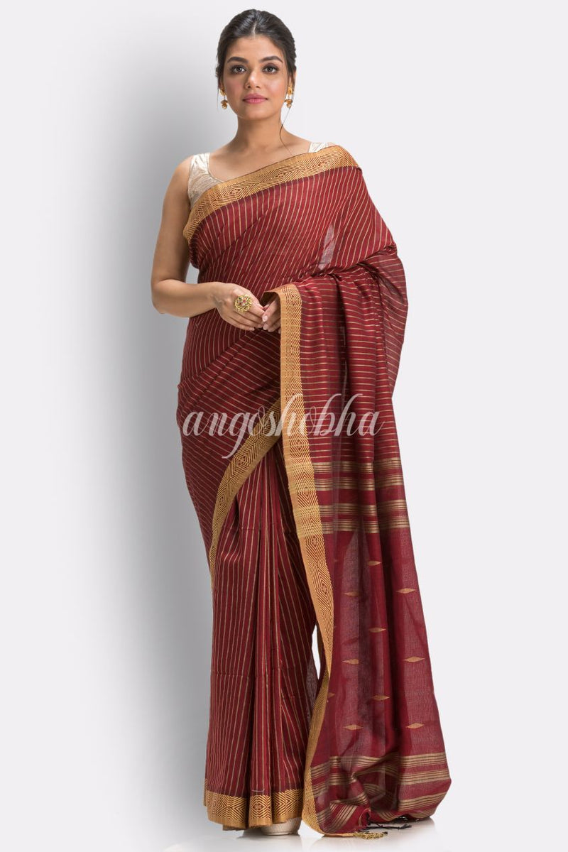 Marron Handloom Traditional Cotton Tangail Saree
