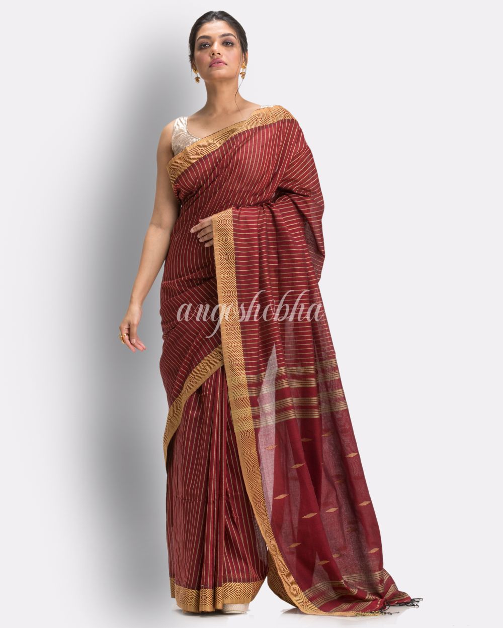 Marron Handloom Traditional Cotton Tangail Saree angoshobha