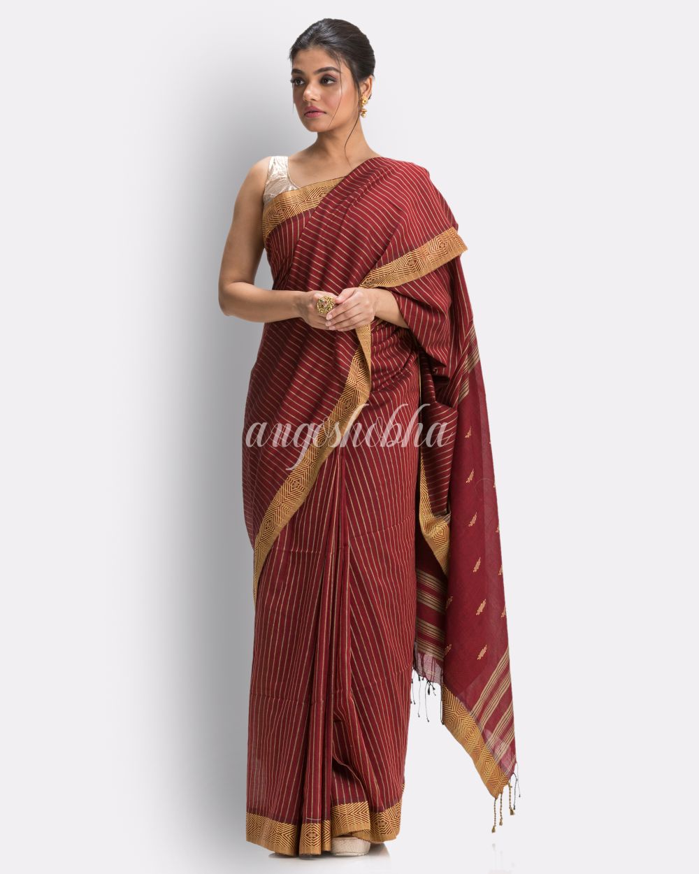 Marron Handloom Traditional Cotton Tangail Saree angoshobha