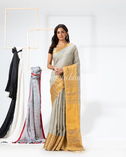 Meade Light Green Traditional Handloom Linen Saree angoshobha