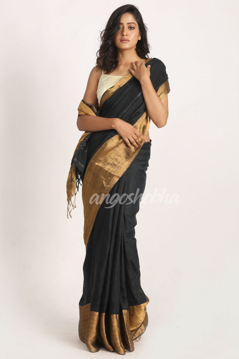 Middle Black NavyblueTraditional Handloom Linen Saree