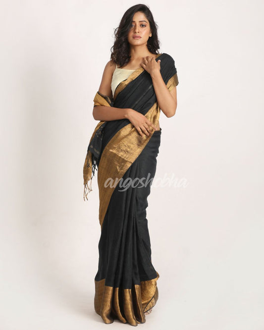 Middle Black NavyblueTraditional Handloom Linen Saree angoshobha