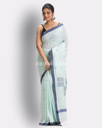 Middle Blue Green Handloom Cotton Jamdani saree angoshobha