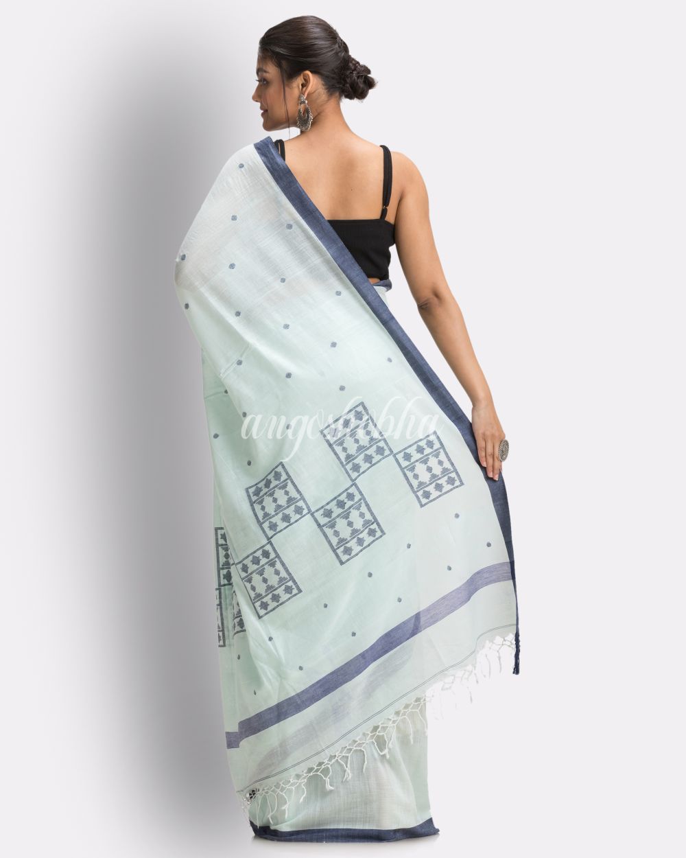 Middle Blue Green Handloom Cotton Jamdani saree angoshobha