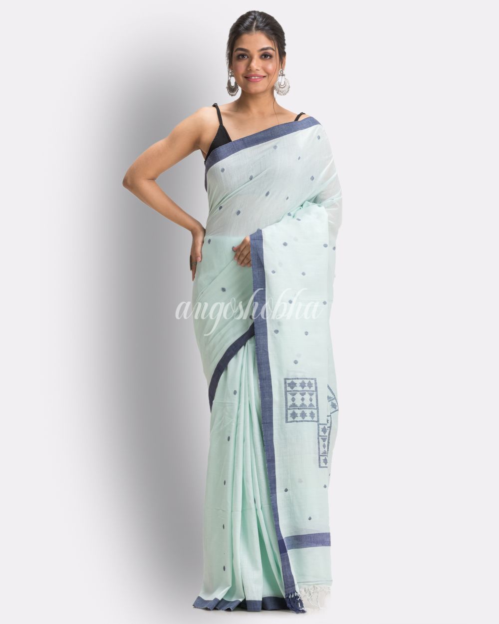 Middle Blue Green Handloom Cotton Jamdani saree angoshobha