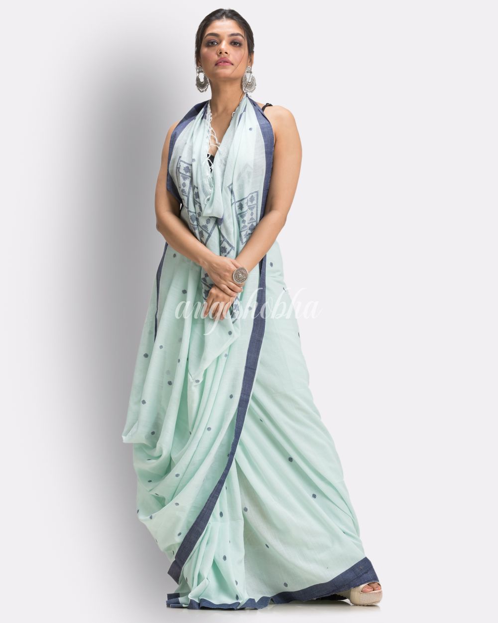 Middle Blue Green Handloom Cotton Jamdani saree angoshobha