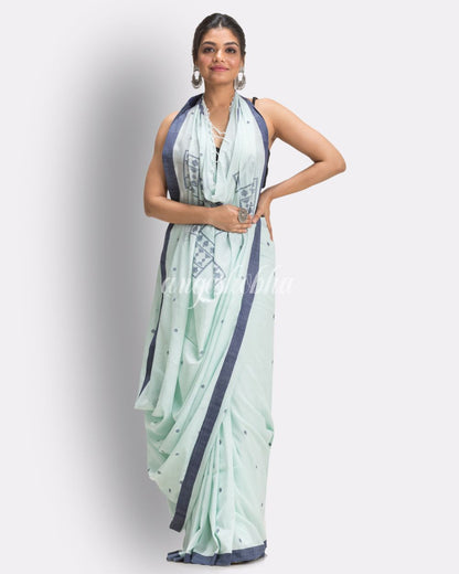 Middle Blue Green Handloom Cotton Jamdani saree angoshobha